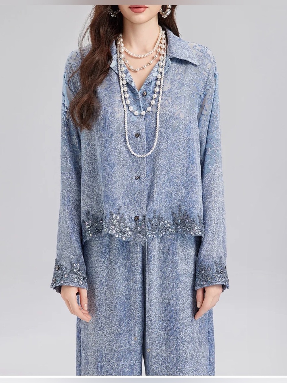 Rich Radi Q’s New York Top Medium Floral Lace Sequin Embellished Sheer Button